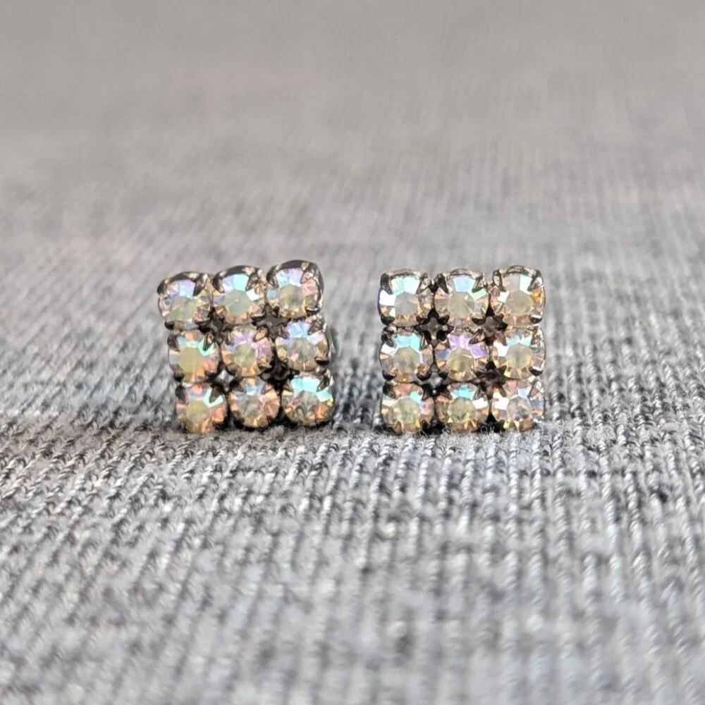 Vintage Square Rhinestone/Aurora Borealis Clip-on Earrings - Picture 1 of 4